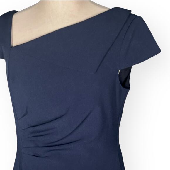 TAHARI ASL Asymmetric Collar Sheath Dress Navy Blue Cap Sleeve Career Office 8 - Picture 3 of 13
